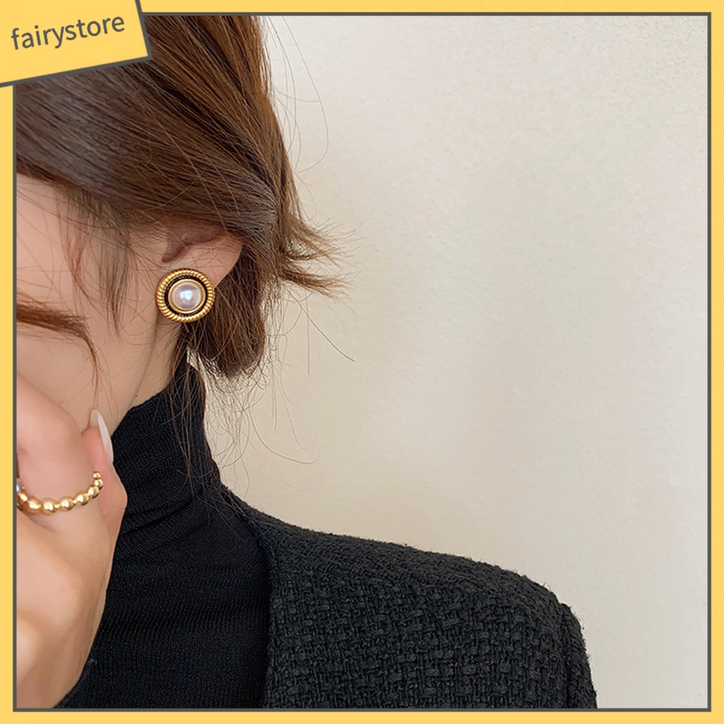 1 Đôi Bông Tai Tròn Đính Ngọc Trai Nhân Tạo Sang Trọng Cho Nữ