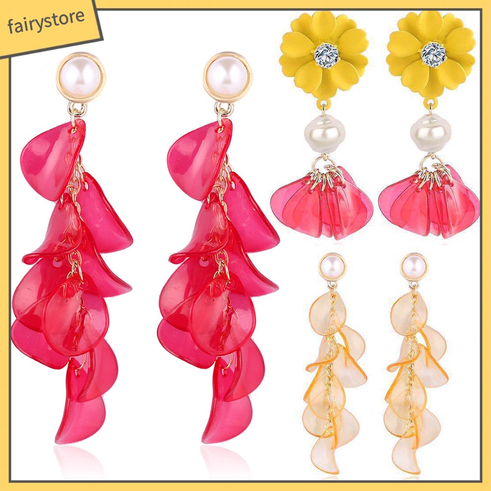 Bông Tai Dáng Dài Hình Cánh Hoa Bằng Nhựa Resin Phối Tua Rua Thanh Lịch Cho Nữ