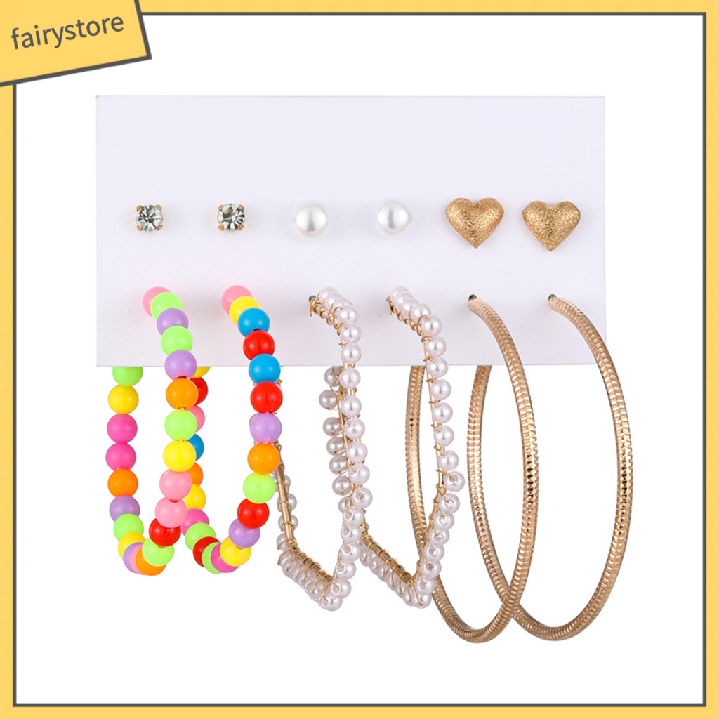 Set 6 Đôi Bông Tai Dạng Vòng Đính Đá Nhiều Màu Sắc Bằng Hợp Kim Cho Nữ