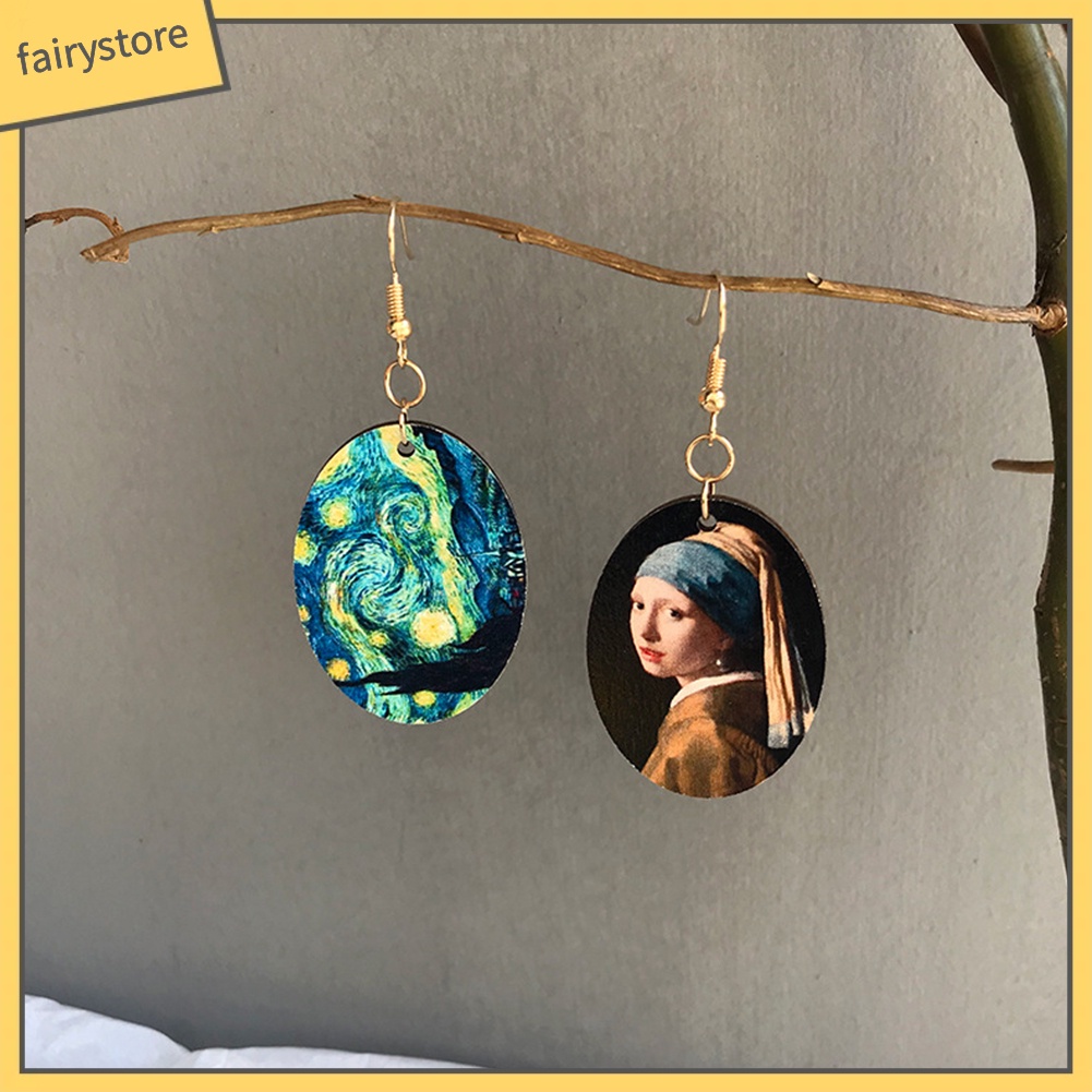 [FRO] Khuyên Tai Móc Bằng Gỗ Tráng Men Họa Tiết Tranh Sơn Dầu Không Đối Xứng Nich