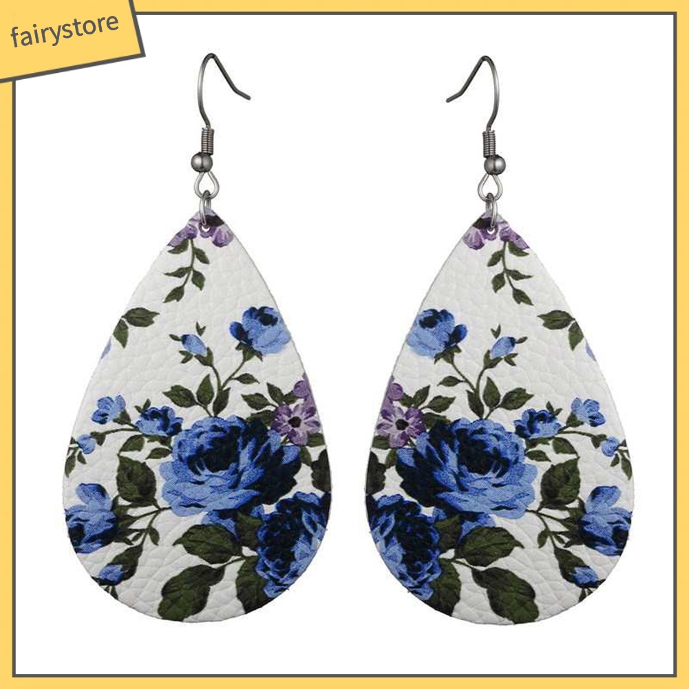 Bông Tai Giả Da Hình Giọt Nước Họa Tiết Hoa Phong Cách Boho Dành Cho Nữ