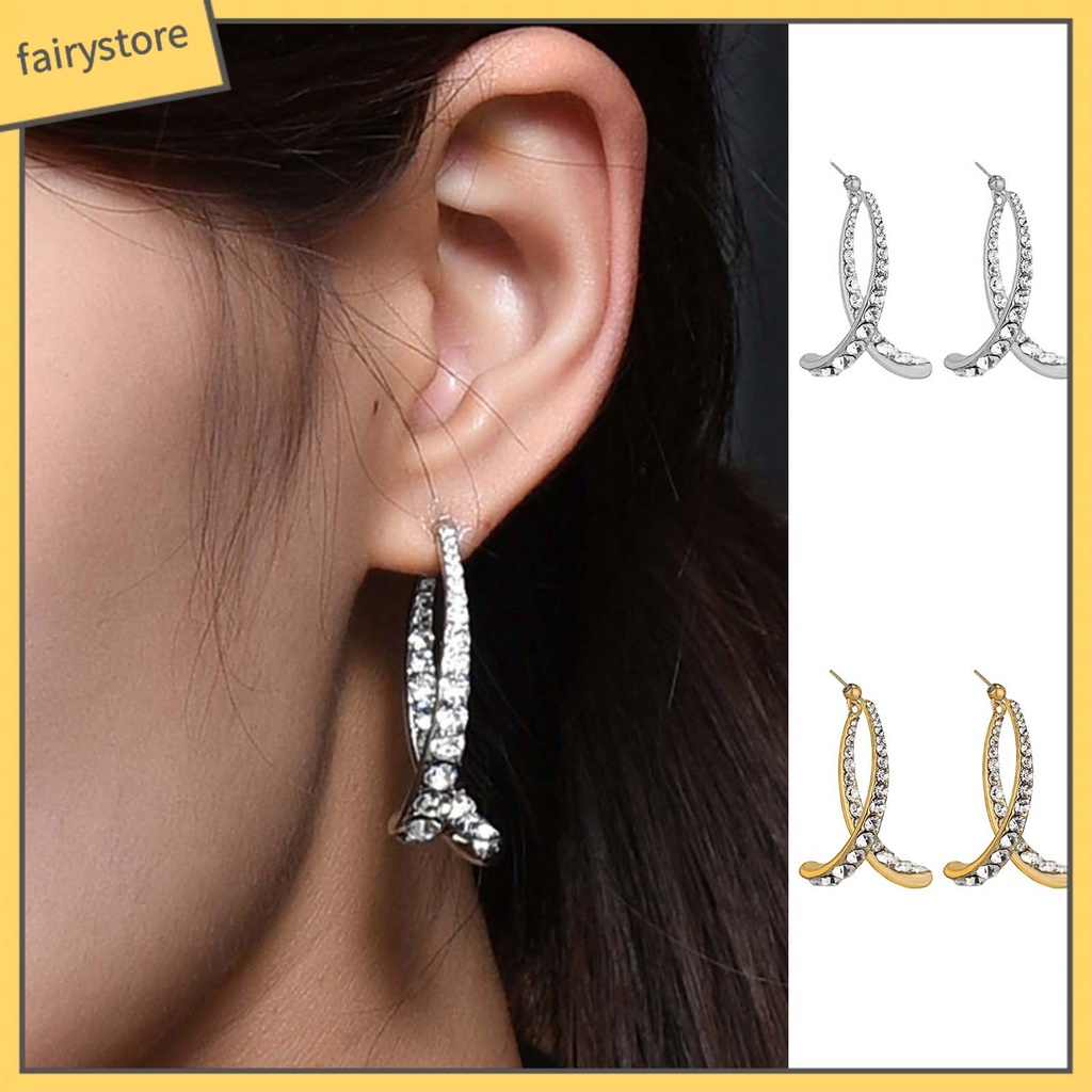 [FRO] 1 Đôi Bông Tai Hợp Kim Dạng Cong Đính Kim Cương Giả Tinh Tế Sử Dụng Hàng Ngày