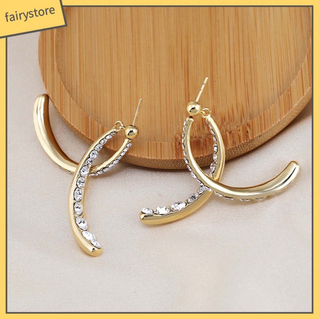 [FRO] 1 Đôi Bông Tai Hợp Kim Dạng Cong Đính Kim Cương Giả Tinh Tế Sử Dụng Hàng Ngày