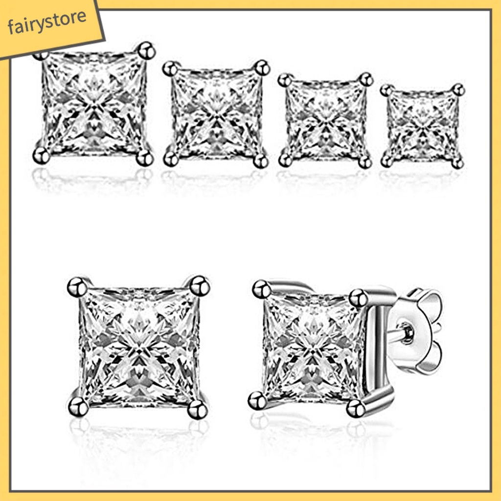 1 Đôi Bông Tai Mạ Bạc Đính Đá Zircon Hình Vuông Thanh Lịch Dành Cho Nữ
