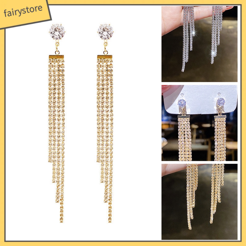 1 Đôi Bông Tai Dáng Dài Đính Đá Lấp Lánh Thời Trang Cho Nữ