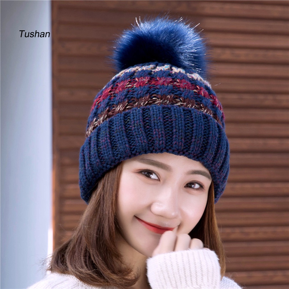 Mũ Len Beanie Đính Quả Bông Nhiều Màu Thời Trang Thu Đông Cho Nữ