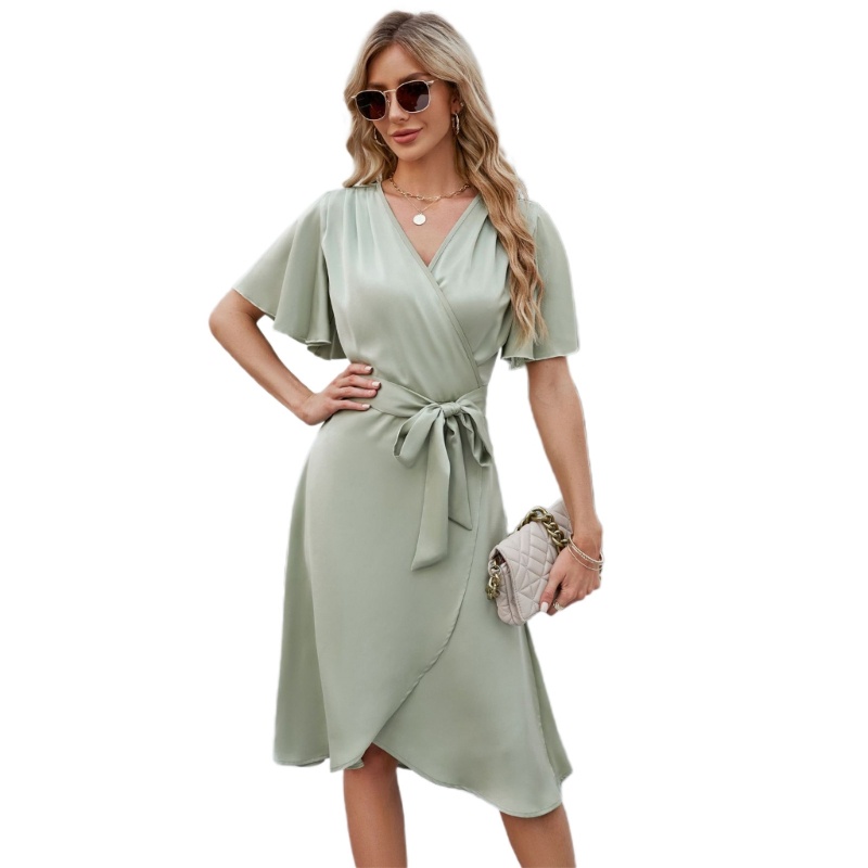 Đầm Midi Dáng Chữ A Tay Ngắn Cổ Chữ V Sâu Màu Trơn Kèm Thắt Lưng Thời Trang Cho Nữ