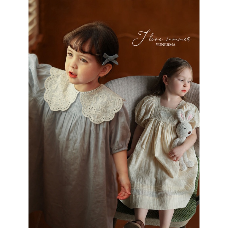 Đầm Công Chúa Mùa Hè Dáng Dài Vải Cotton 5 Món Tay Cộc Cổ Phối Ren Cổ Điển Phong Cách Hàn Quốc Cho Bé Gái