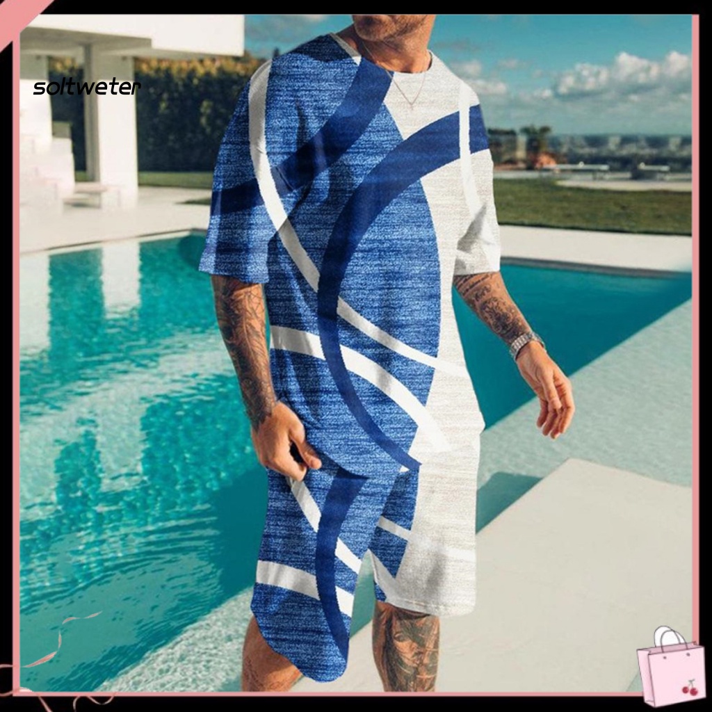 1 Bộ Áo Thun Cổ Tròn In Họa Tiết 3D + Quần Short Lưng Thun Phối Túi Thời Trang Đường Phố Mùa Hè