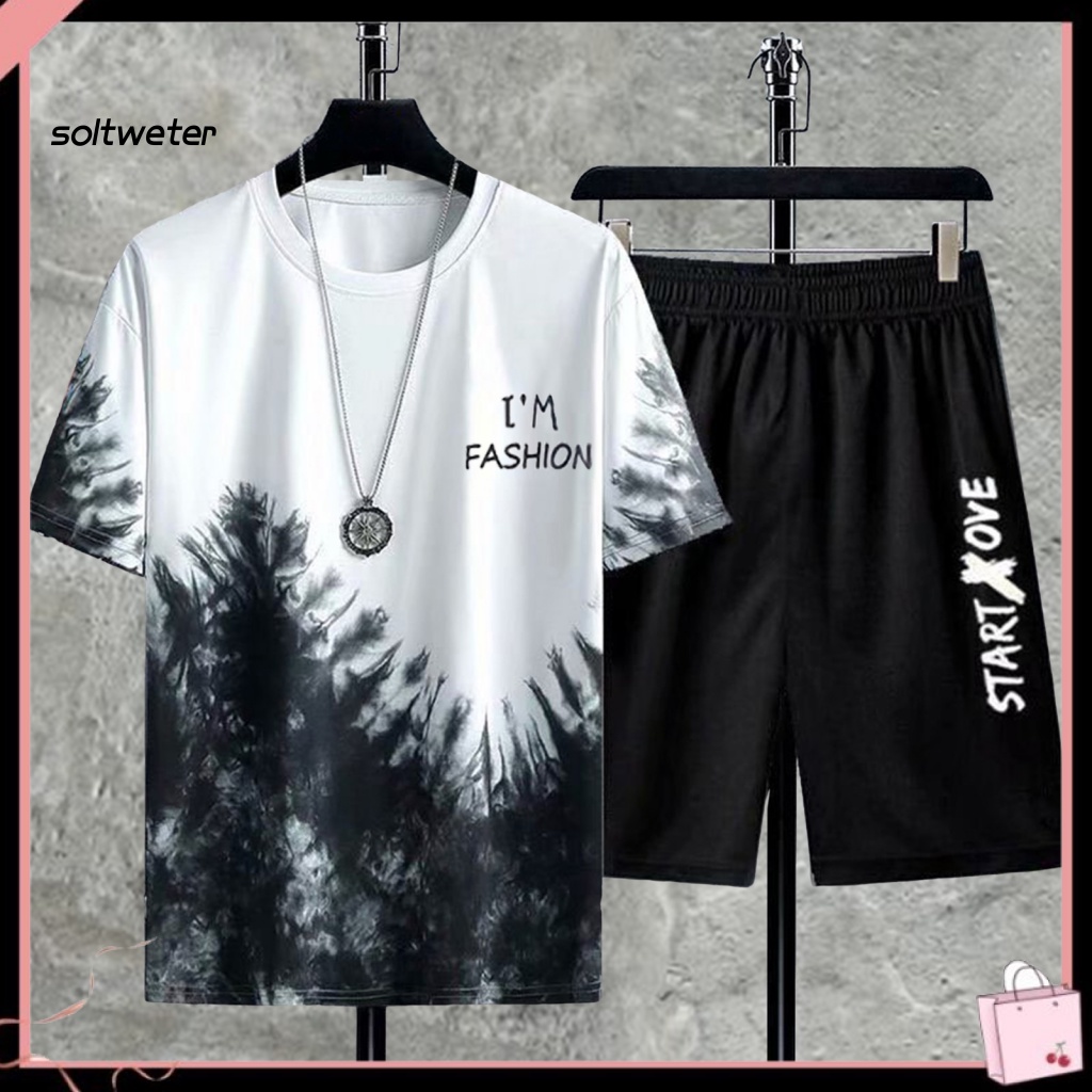 Bộ Trang Phục 2 Mảnh Gồm Áo Thun Tay Ngắn Cổ Tròn Màu Sắc Gradient Thời Trang Mùa Hè Cho Nam