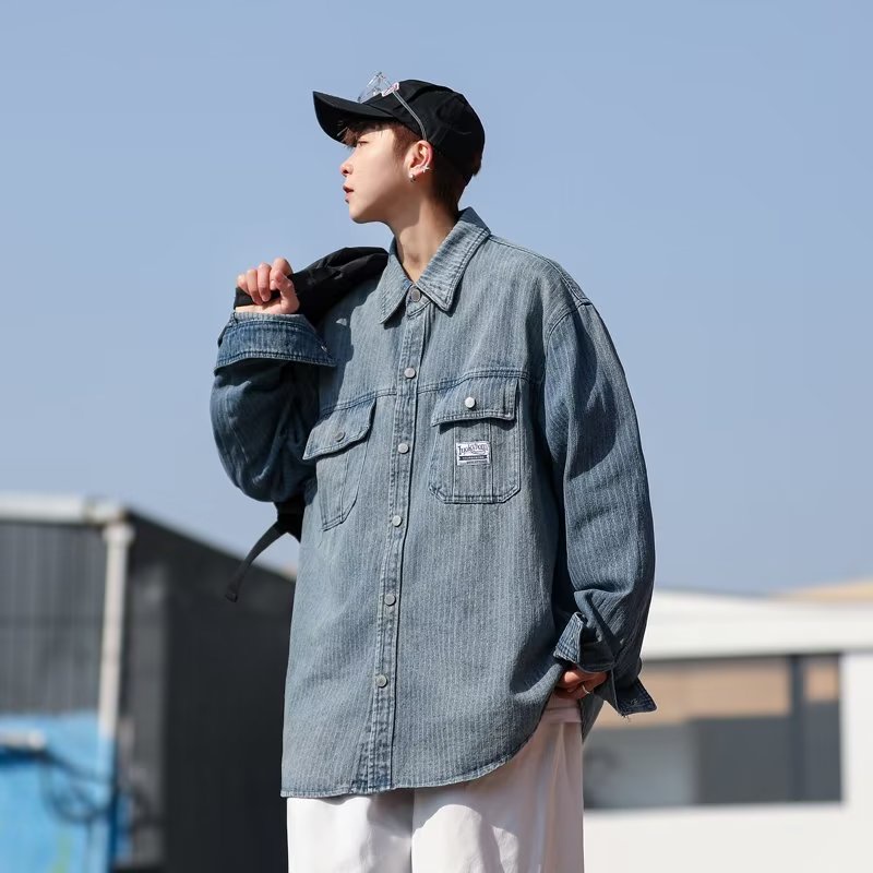 Áo Khoác Denim Kẻ Sọc Dọc Dáng Rộng Kiểu Đường Phố Mỹ Thời Trang Xuân Thu Cho Nam
