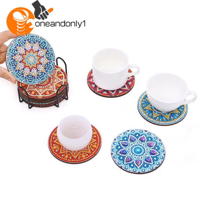 Bộ 10 Đế Lót Ly Đính Đá Chống Mài Mòn Họa Tiết Mandala Kèm Giá Đỡ Tiện Dụng Diy