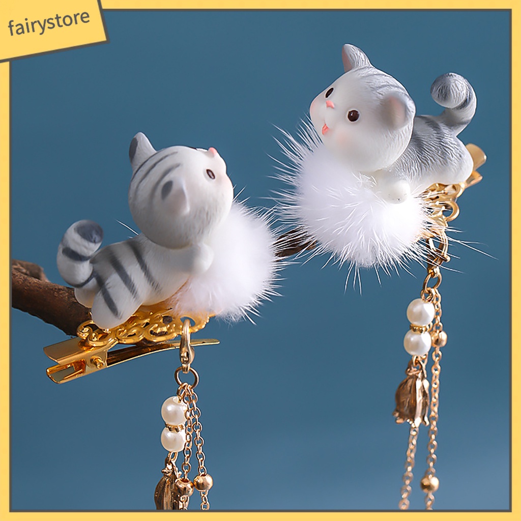 1 Cặp Kẹp Tóc Tua Rua Hình Mèo Dễ Thương Phong Cách Trung Hoa