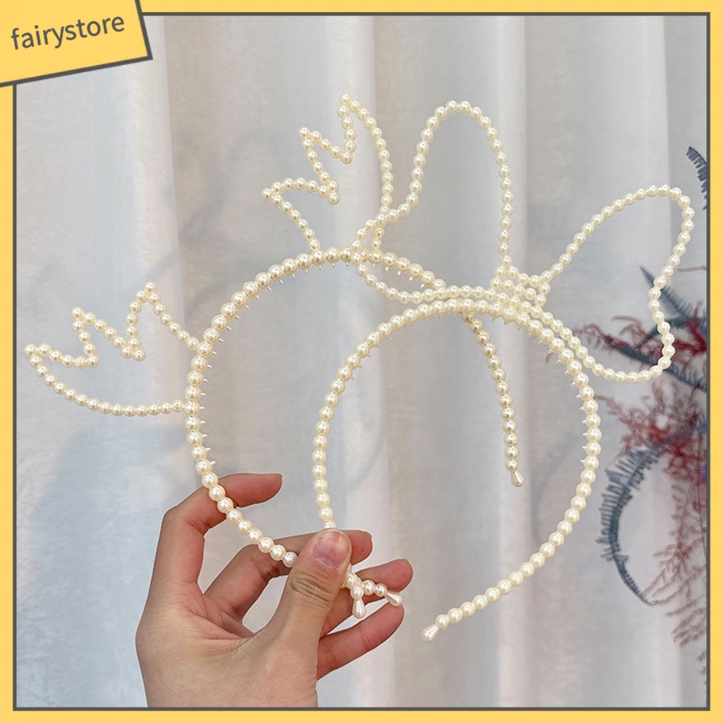 Băng Đô Hình Sừng Hươu Đính Ngọc Trai Giả Màu Trơn Co Giãn Dành Cho Nữ