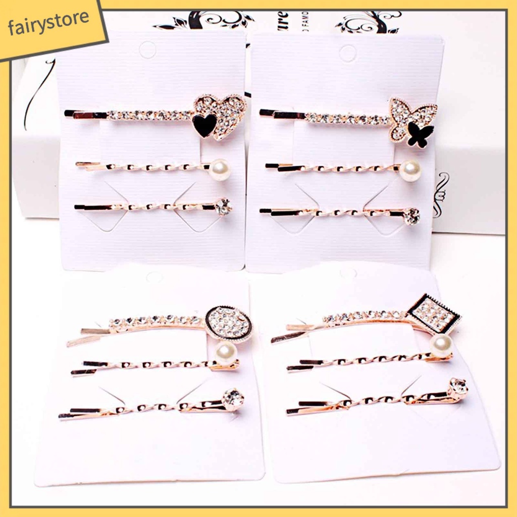 Bộ 3 Kẹp Tóc Đính Đá / Ngọc Trai Giả Hình Trái Tim Dùng Hàng Ngày