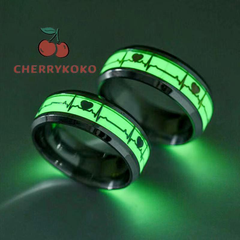 🍒🍒CHERRYKOKO Nhẫn nữ nhẫn Nam TITAN Dạ Quang Phát Sáng Trong Đêm Nhịp Đập Trái Tim Cực Đẹp, Nhẫn Đôi Dạ Quang phát sáng