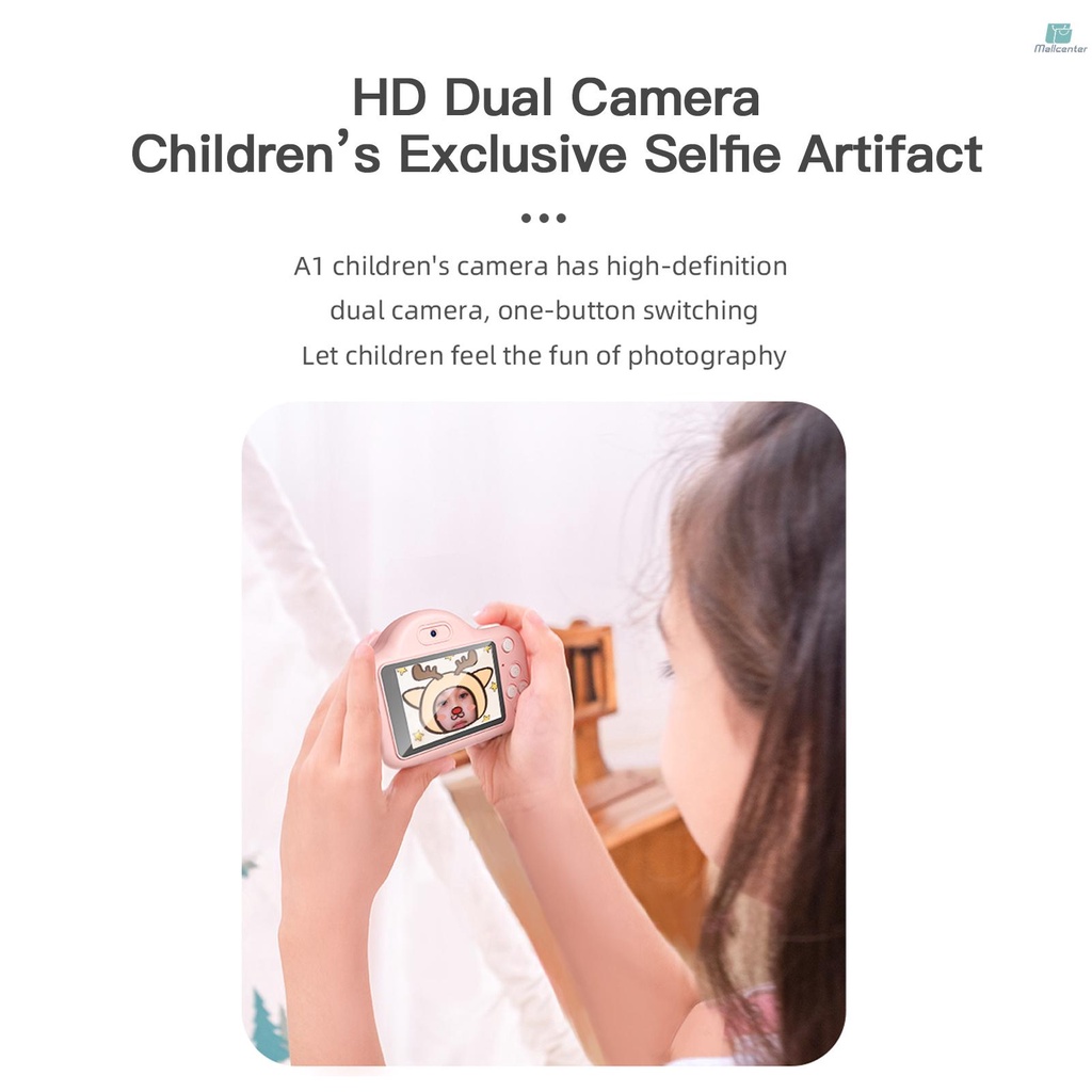 A1 Kids Camera 20Mp Selfie Digital Video Camera for Kids with 2 Inch IPS Screen Dual Cameras 32G TF Card Cartoon Sticker for Girl Gifts