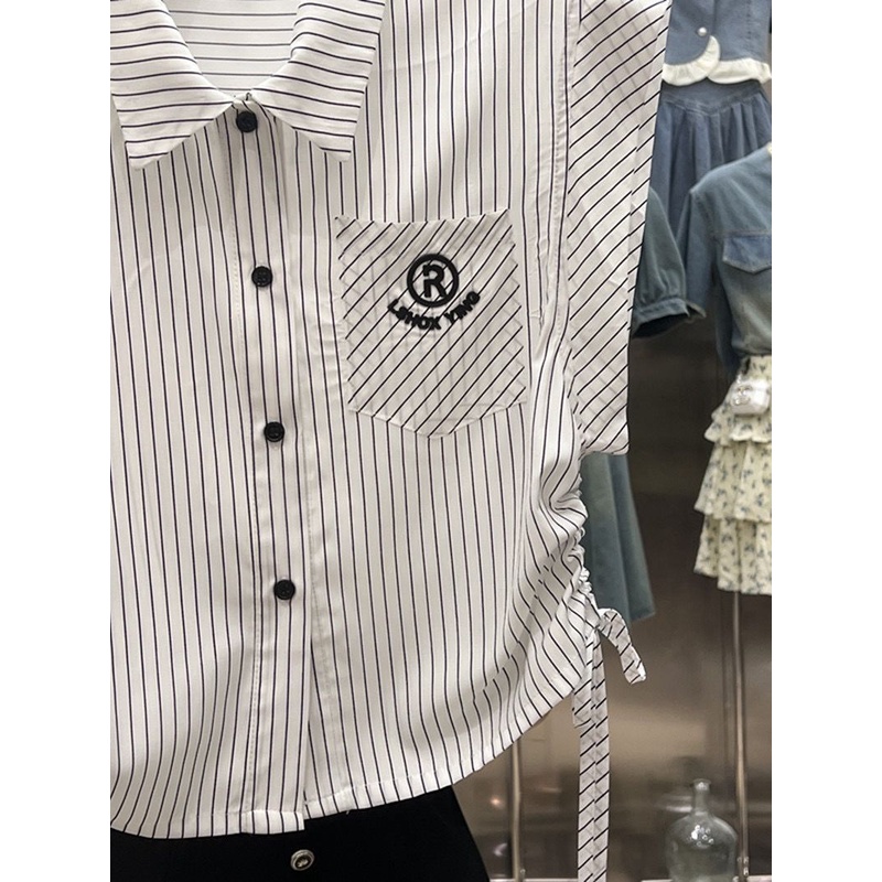 Áo Sơ Mi Ngắn Không Tay Thêu Họa Tiết Kẻ Sọc Phối Dây Rút Phong Cách Preppy Mẫu Mới 2023 Thời Trang Mùa Hè Cho Nữ
