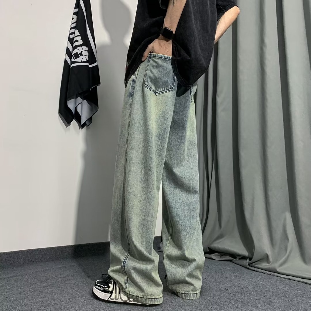 Quần Jean Dài Ống Rộng Lưng Cao Phong Cách Retro Đường Phố Mỹ Thời Trang Xuân Thu Cho Nam Và Nữ
