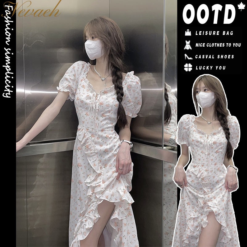 Đầm Tay Ngắn Phối Ren Hoa Xẻ Tà Thời Trang Mùa Hè Mới Cho Nữ