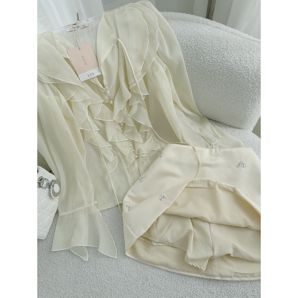 Set áo voan viền bèo+chân váy đính hạt