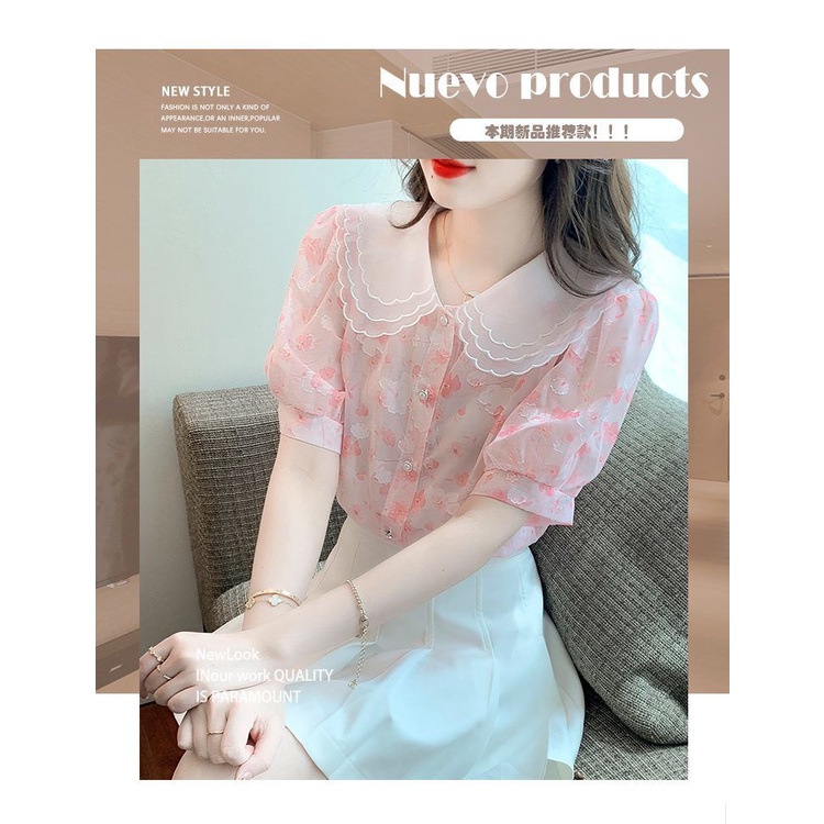 Áo Sơ Mi Chiffon Tay Ngắn Cổ Búp Bê In Họa Tiết Hoa Mẫu Mới 2023 Thời Trang Mùa Hè Cho Nữ
