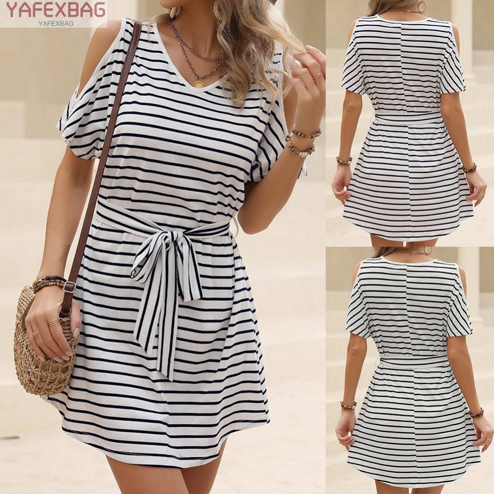 Womens Striped Short Dress Ladies Casual O Neck  Lace Up Short Sleeve Sundress