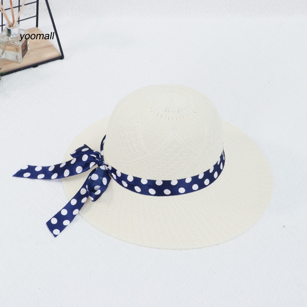 Mũ Thuyền Chống Nắng Mùa Hè Có Dây Ruy Băng Rộng Gấp Lại Được Trang Trí Chấm Bi Thời Trang Cho Nữ