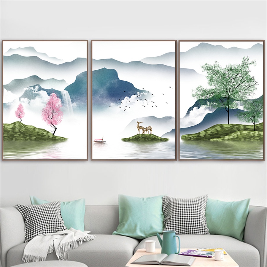 Tranh Vải Bạt Treo Tường In Hình Phong Cảnh Núi Sương Mù Màu Hồng Trang Trí Nhà Cửa