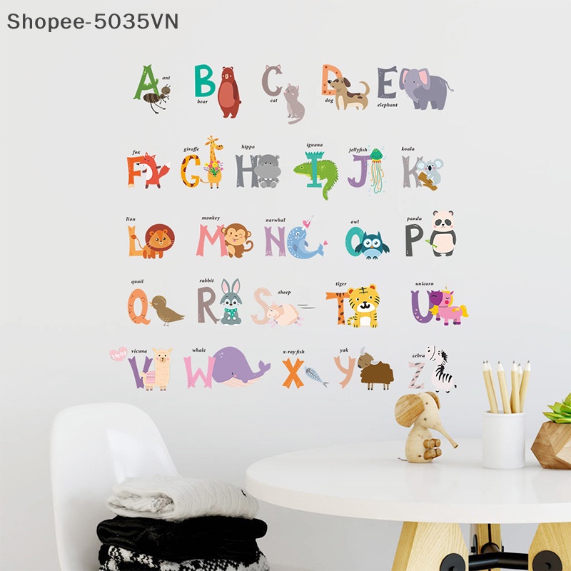 Đề Can Dán Tường 1.vn Hình 26 Chữ Cái / Động Vật Hoạt Hình Trang Trí Phòng Bé