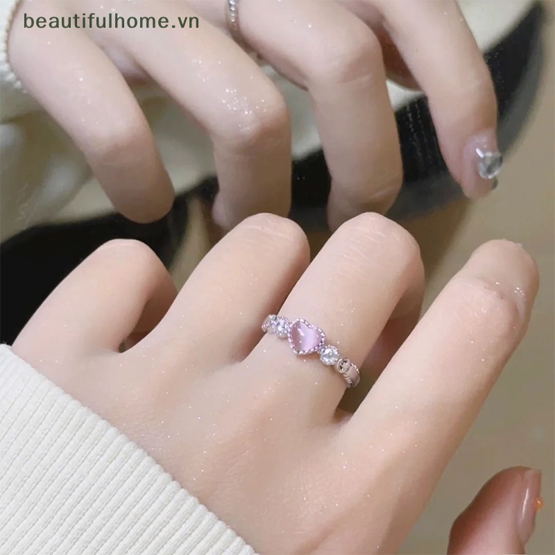 Nhẫn Bạc Đính Đá Opal Hình Trái Tim Màu Hồng Phong Cách Punk Dễ Thương Sáng Tạo Dành Cho Nữ