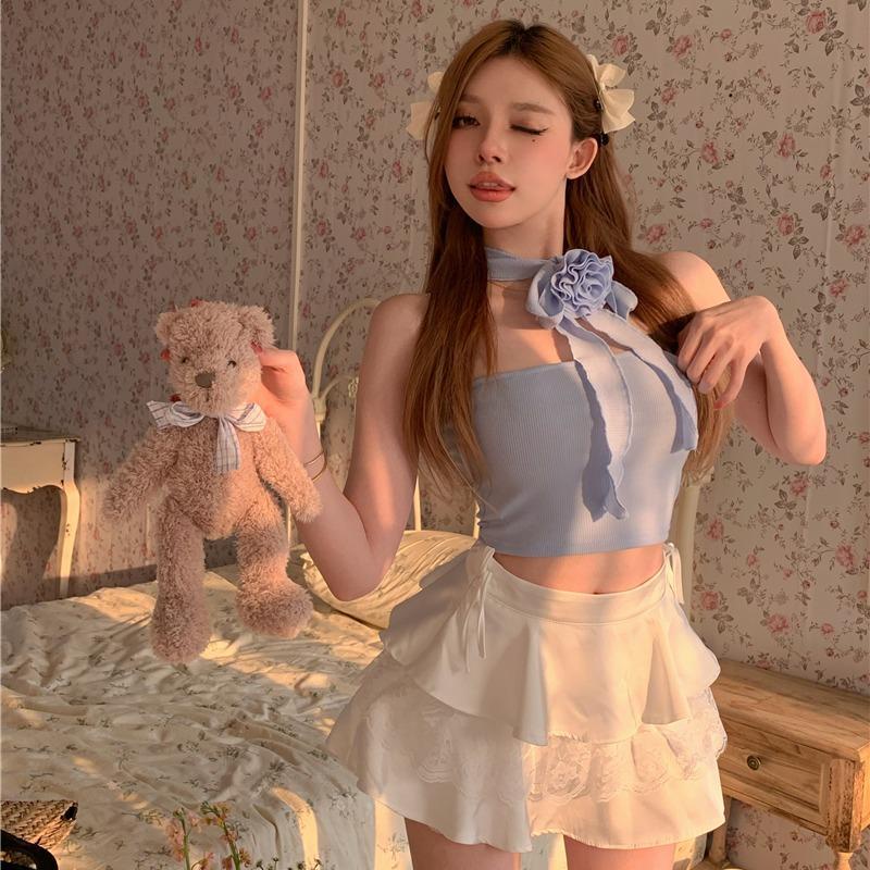 Áo Ống Ngắn Hở Vai Phối Ruy Băng Ba Chiều Màu Trơn Hình Hoa Ngọt Ngào Mùa Hè Cho Nữ