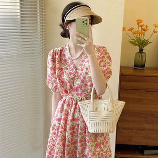 Đầm Hoa Tay Phồng Ngắn Cổ Chữ V Thắt Dây Nhấn Eo Xinh Xắn Thời Trang Hàn Quốc