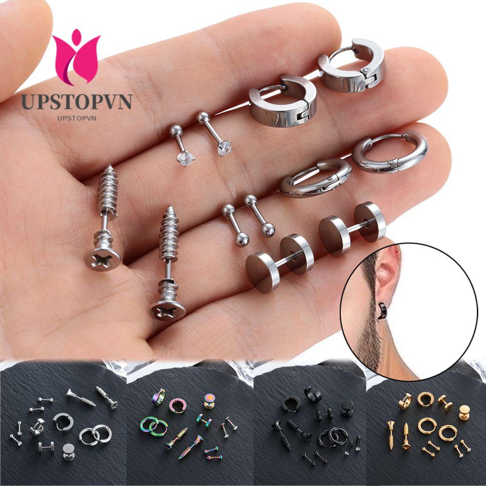 Set 6 Đôi Bông Tai Hình Quả Tạ Màu Đen Bằng Thép Không Gỉ