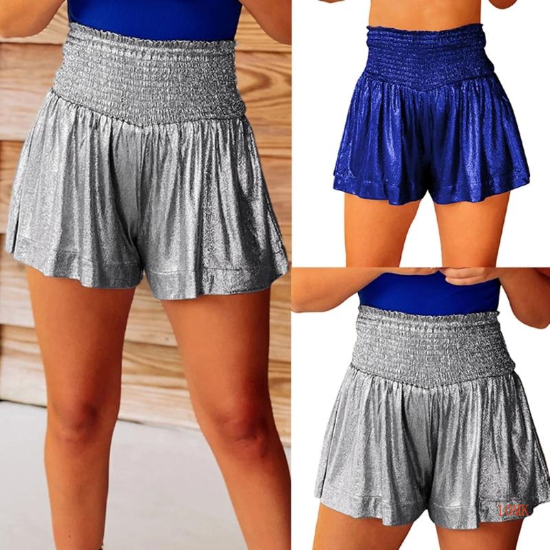 Xiangbao Quần Short Baggy Lưng Cao Dáng Rộng Co Giãn Màu Trơn Viền Bèo Nhún Lấp Lánh Dành Cho Nữ Dự Tiệc Sh