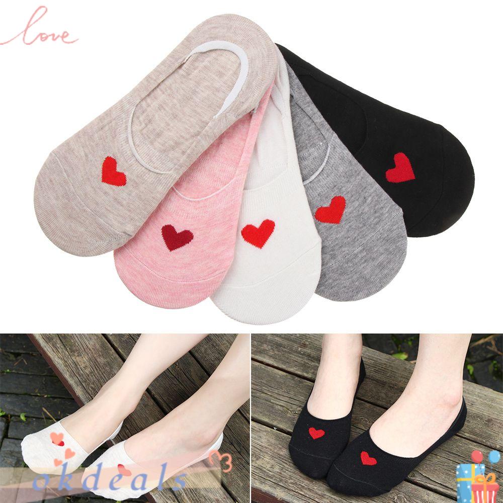 Bộ 5 Đôi Vớ Cổ Thuyền Miệng Nông Màu Kẹo Ngọt In Họa Tiết Trái Tim Đáng Yêu