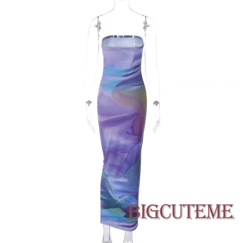 Đầm Sát Nách Ống Dài Màu Tím In Họa Tiết Thời Trang Mùa Hè Cho Nữ