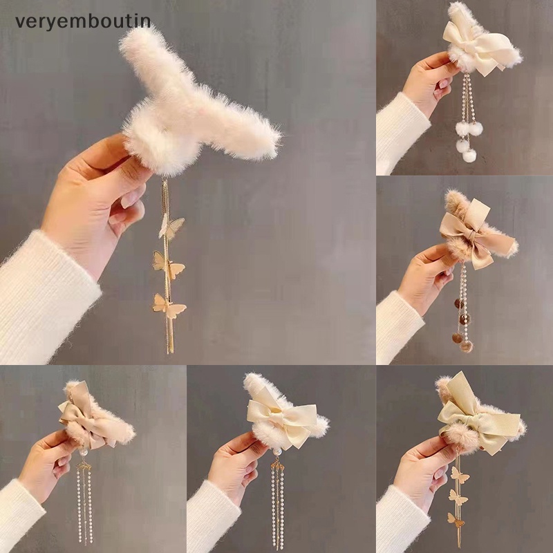 Kẹp Tóc Đuôi Ngựa Bằng Lông Nhung Đính Nơ Tua Rua Thời Trang Thu Đông