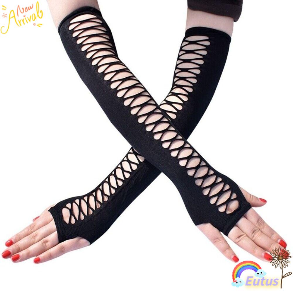 Găng Tay Đen Dài Hở Ngón Phong Cách Punk Cá Tính Cho Nữ