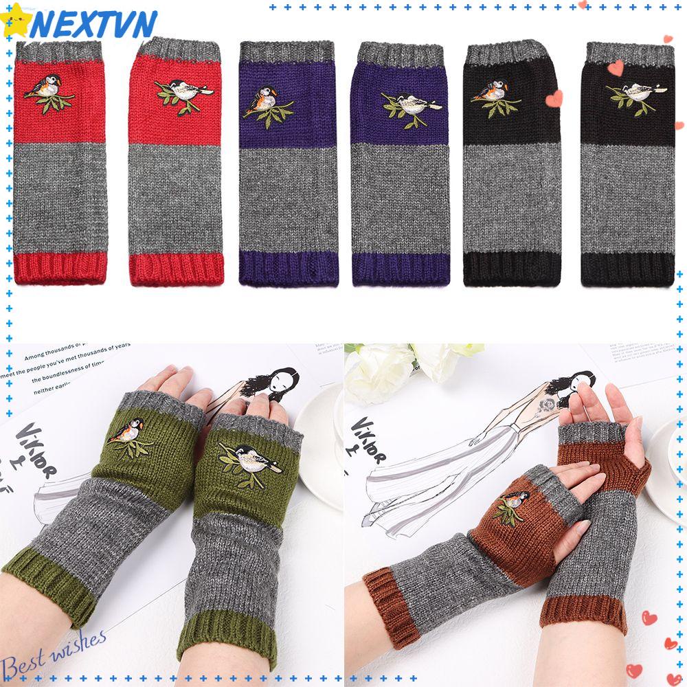 Găng Tay Mùa Đông Không Ngón Thêu Họa Tiết Chim Cho Nữ