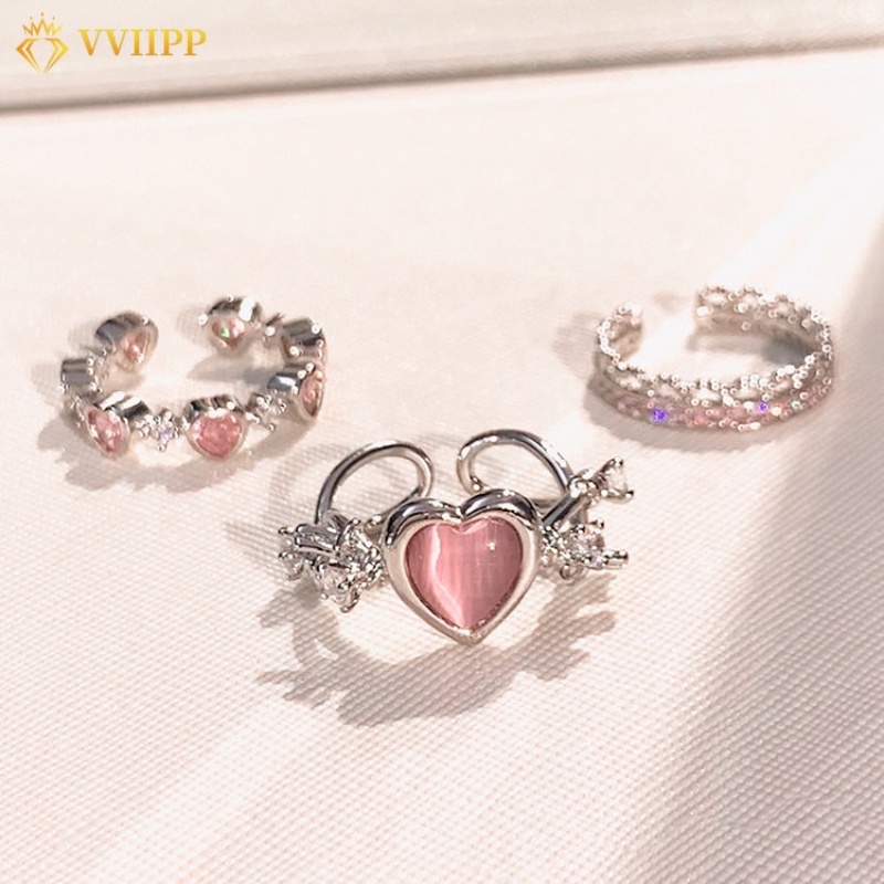 Pure Lust Pink Love Open Ring for Girls New Type ins Sweet Wind Moon Stone Small Design Sense Versatile Small Fresh Light Luxury Ring for Women