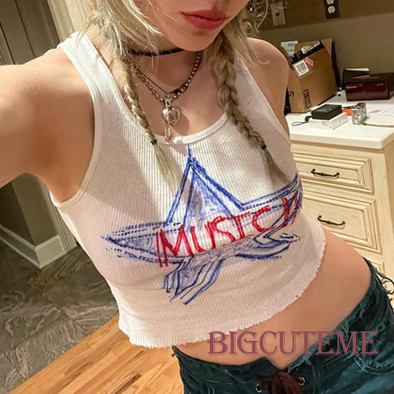 [] - Áo Crop Top Không Tay Cổ Thuyền Tosp Màu Trắng In Hình Ngôi Sao Mùa Hè Cho Nữ