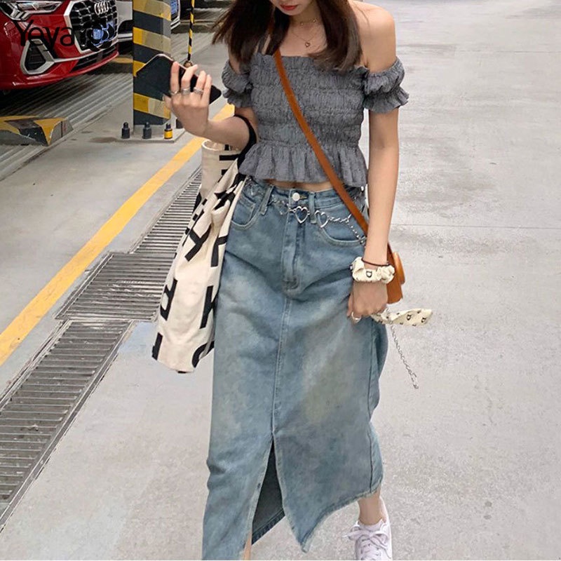 YEYA Chân váy jean Dài Lưng Cao Xẻ Tà plus size Phong Cách Hàn Quốc Cho Nữ