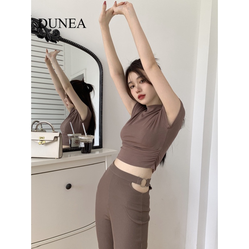 DUNEA Áo Thun Tay Ngắn Cổ Cao Dáng Ôm Quyến Rũ Thời Trang Cho Nữ
