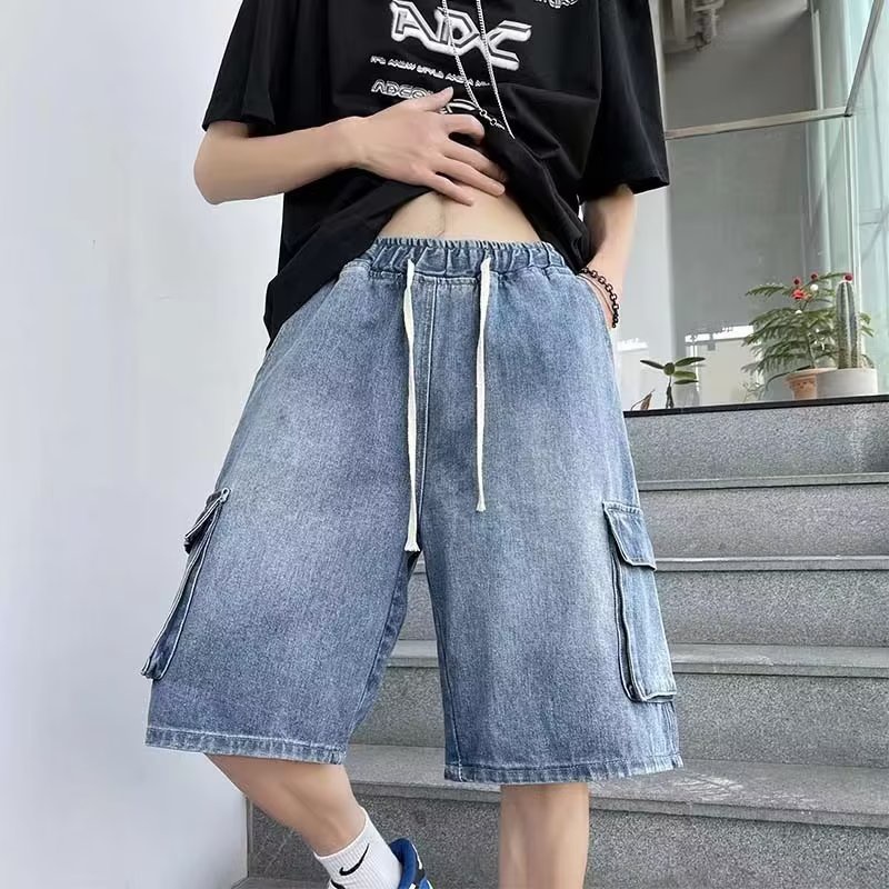 Quần Short Denim Ống Rộng Phối Nhiều Túi Phong Cách Hong Kong Thời Trang Mùa Hè Cho Nam