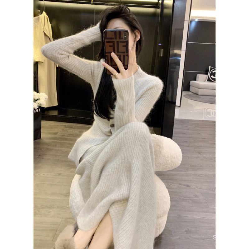 two-piece suit/one-piece French fashion elegant gentle style coat long flesh-covering skirt sweater suit for women