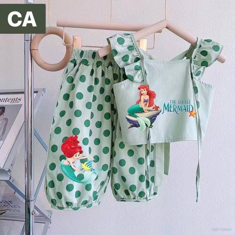 Set Áo Thun Không Tay In Hình Nàng Tiên Cá + Quần Short Thời Trang Cho Bé Gái