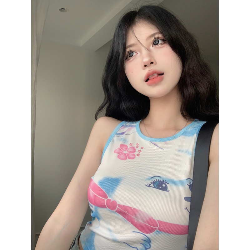 Áo Thun Sát Nách Dáng Ôm In Họa Tiết Vui Nhộn Thời Trang Mùa Hè