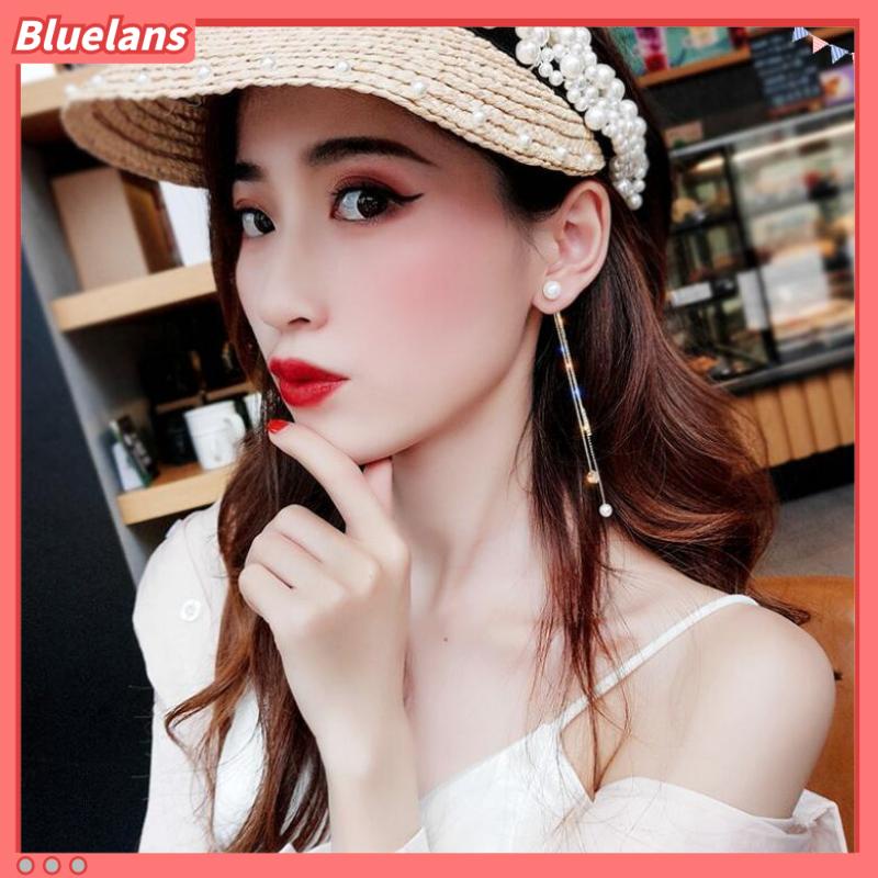 Bông Tai Chuỗi Ngọc Trai Dáng Dài Đính Đá Phối Tua Rua Thanh Lịch