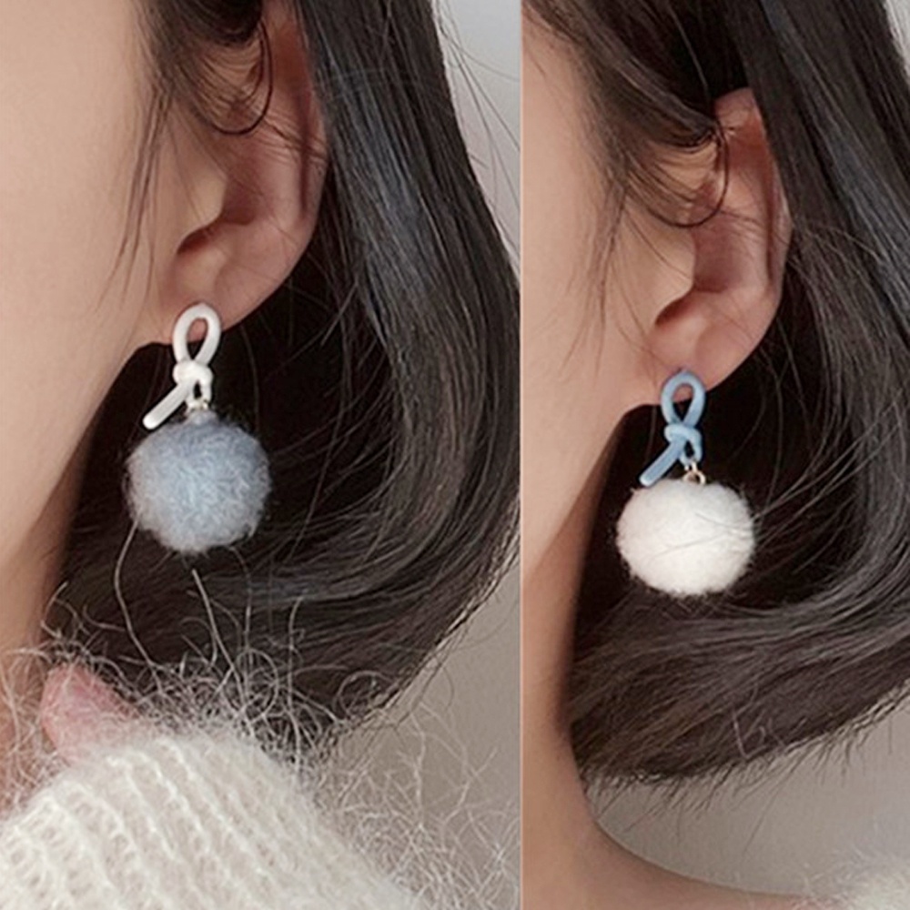 Bông Tai Đính Bóng Lông Màu Xanh Dương / Trắng Thời Trang Thu Đông Dễ Thương Cho Nữ